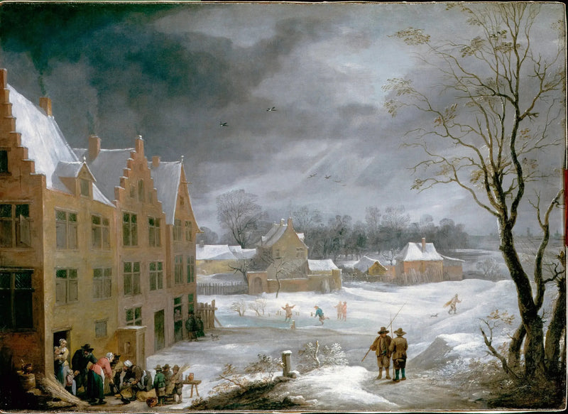 Vinterscene med en mand, der dræber et svin - David Teniers den Yngre