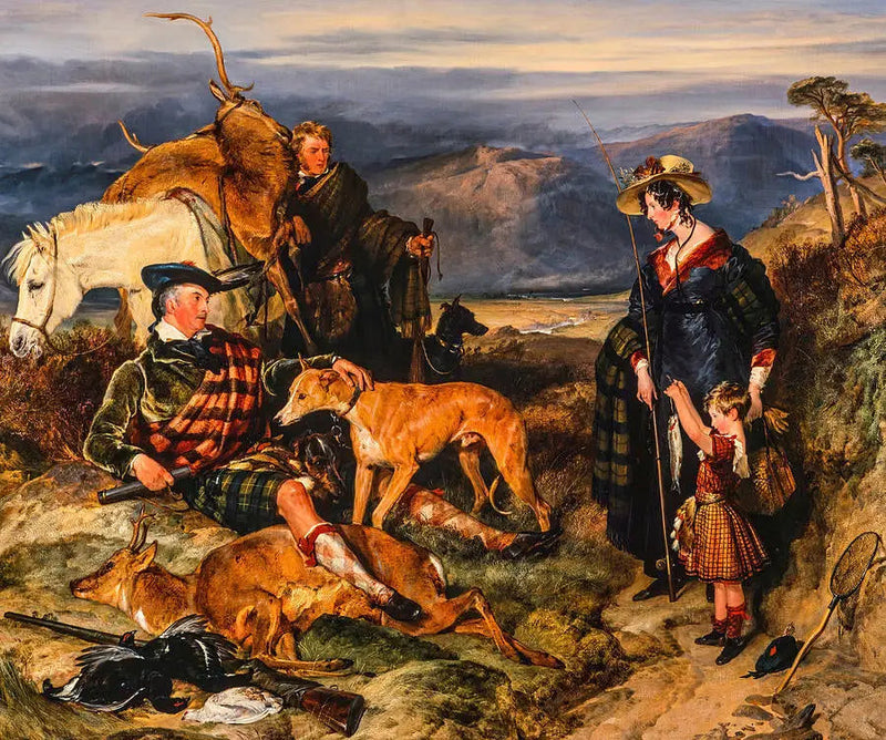 Scene i højlandet, med portrætter af hertuginden af Bedford, hertugen af Gordon og Lord Alexander Russell - Edwin Henry Landseer