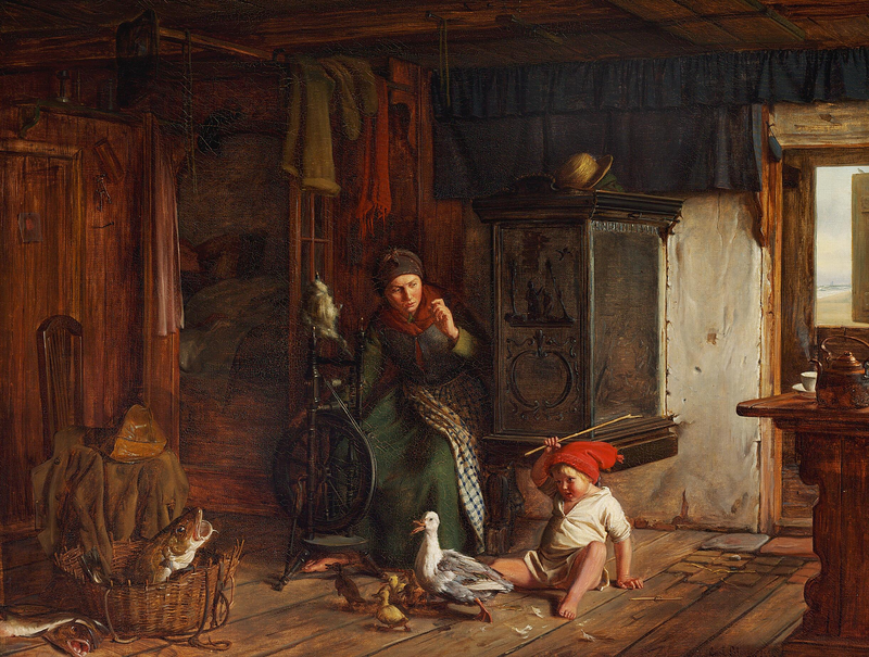 Scene i et fiskerhjem. En dreng angriber en and. Far har brug for at sove. - Carl Heinrich Bloch
