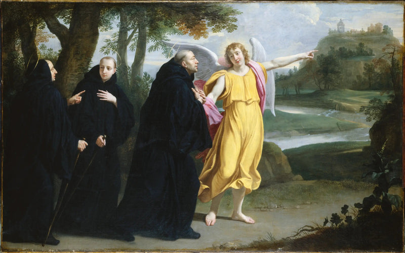 Szenen fra helgen Benedikts liv: englen der viser helgen Benedikt placeringen af klosteret på Monte Cassino - Philippe de Champaigne