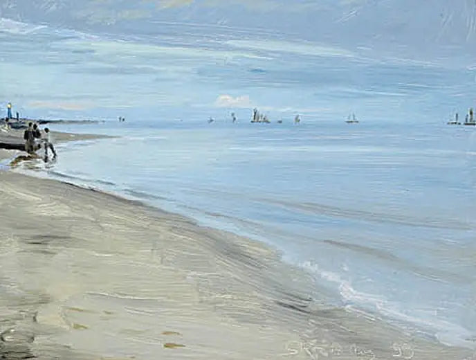 Skagen strandscene. Fiskere på en båd. Fyrtårnet er oplyst. - Peder Severin Krøyer