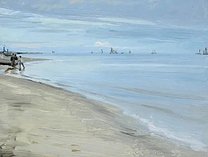 Skagen strandscene. Fiskere på en båd. Fyrtårnet er oplyst. - Peder Severin Krøyer