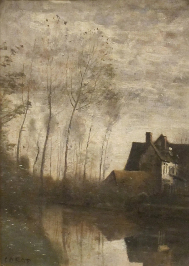 Flodscene med huse og poppeltræer - Jean-Baptiste Camille Corot
