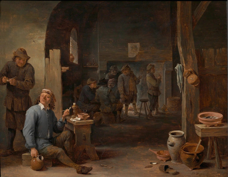 Taverne scene med en ryger, der holder en krukke - David Teniers den Yngre