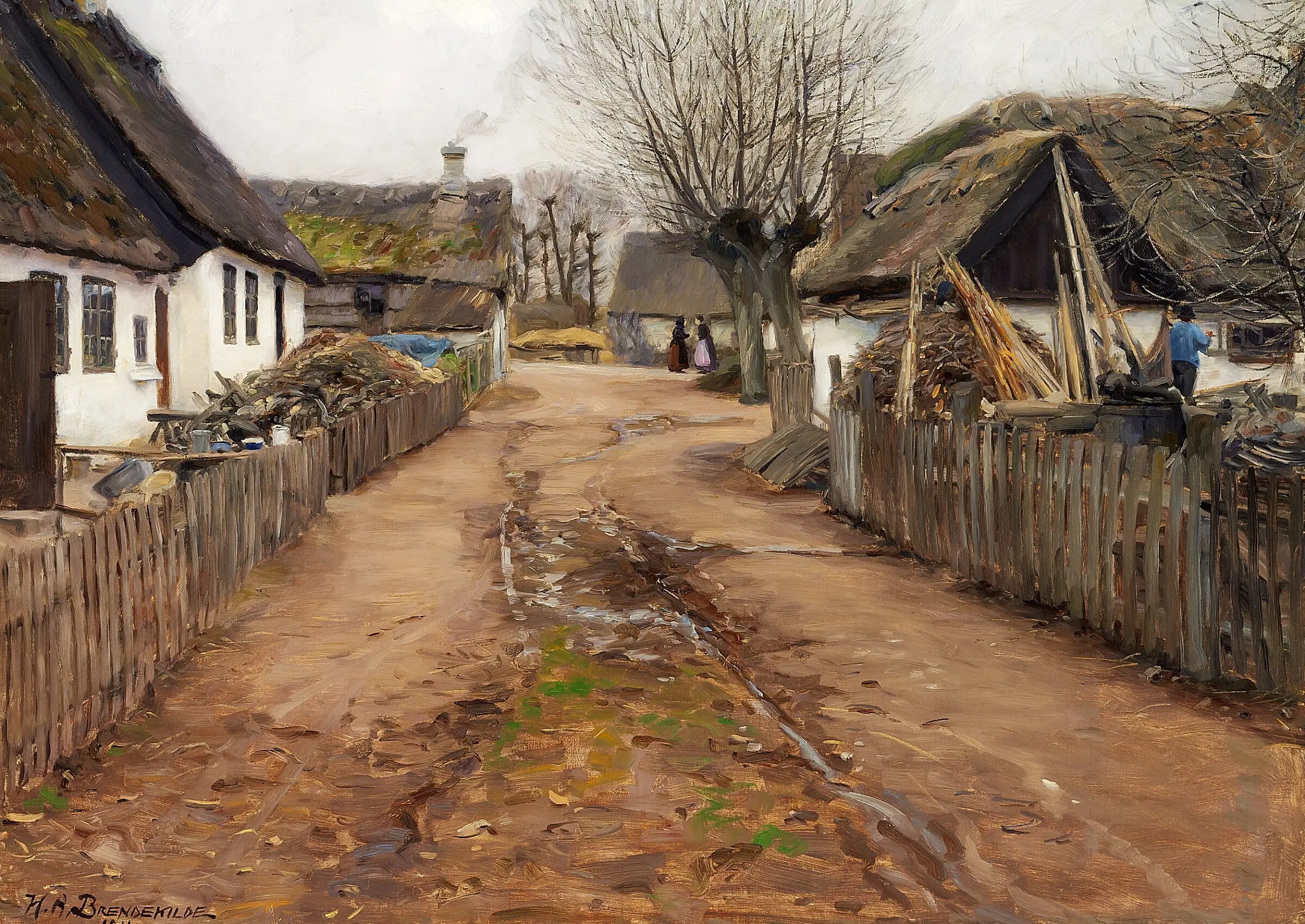 Scène de village au début du printemps. - H. A. Brendekilde image 1 copie peinte à la main à l’huile