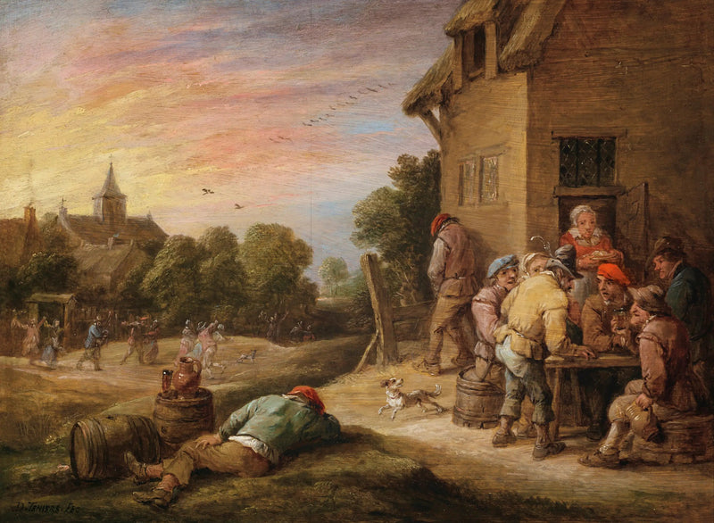 Landsbyscene med bønder, der holder fest foran en kro - David Teniers den Yngre