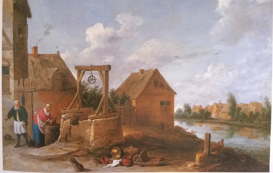 Landsbyscene med en kvinde ved brønden - David Teniers den Yngre