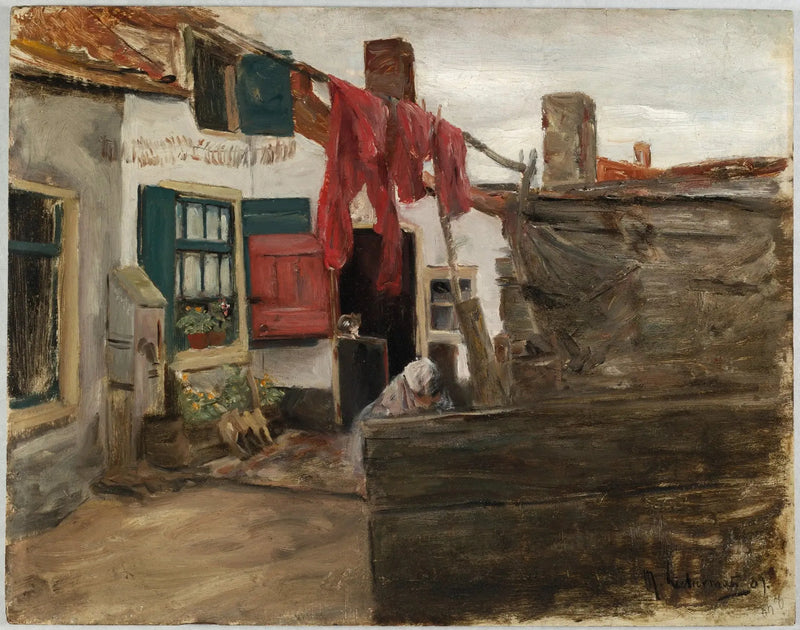 Hollandsk landsbyscene med hængende tøj - Max Liebermann