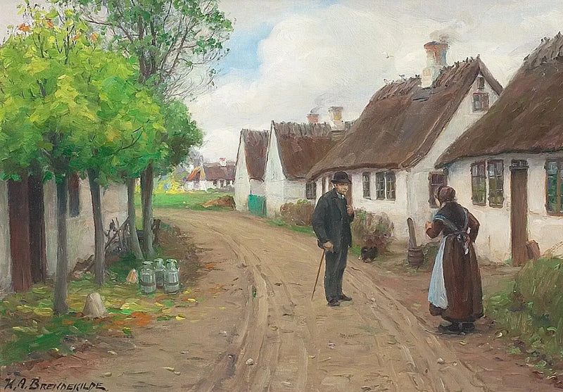 Jyllinge landsby scene med mennesker, der taler. - H. A. Brendekilde