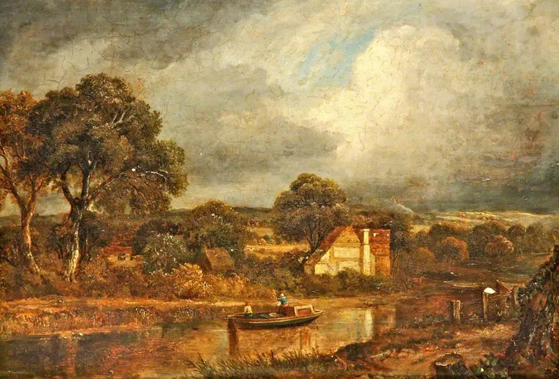 Flodscene med en barge og hytter - John Constable