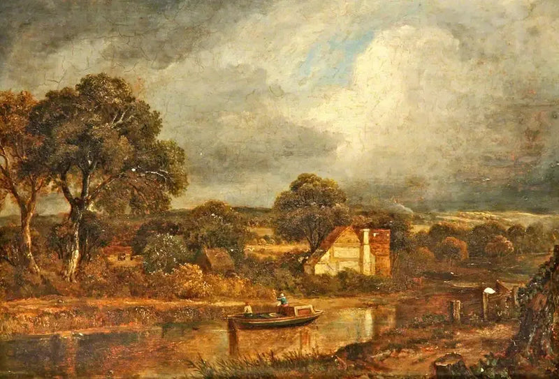 Flodscene med en barge og hytter - John Constable