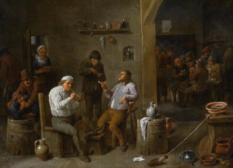 Indendørs kro scene med bønder, der drikker og ryger - David Teniers den Yngre