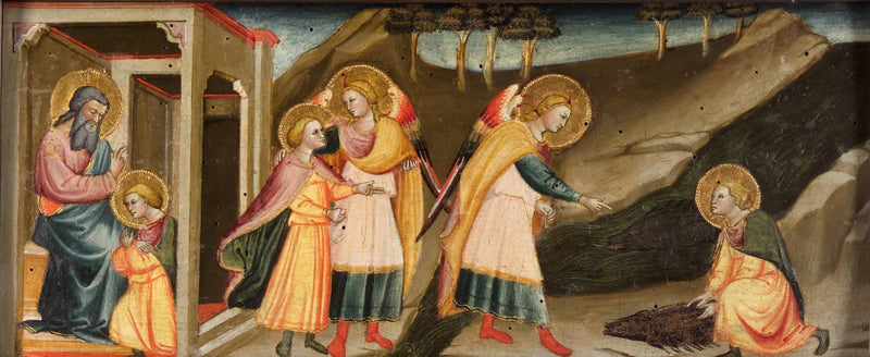 Tobias-scener (Tobias siger farvel til sin far; Tobias og ærkeenglen Raphaels vandringer; Tobias tager hjertet, håndtaget og galden fra fisken) - Bicci di Lorenzo