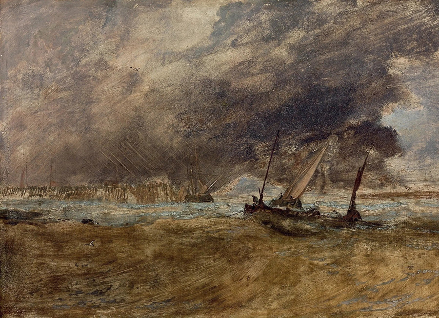 Havscene med fiskerbåde ved en træbro, en storm på vej - J. M. W. Turner