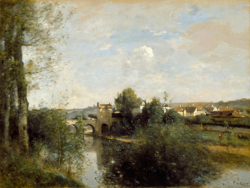 Seine og gammel bro i Limay - Jean-Baptiste Camille Corot