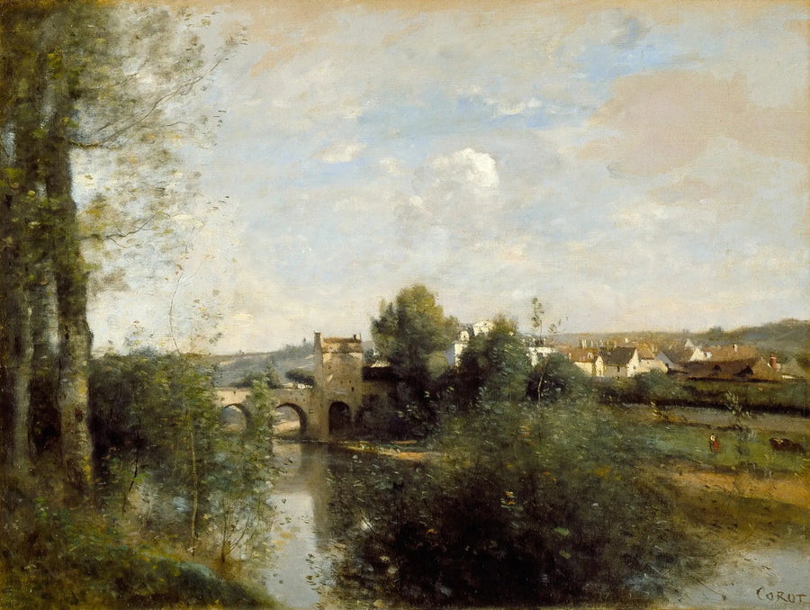 Seine og gammel bro i Limay - Jean-Baptiste Camille Corot