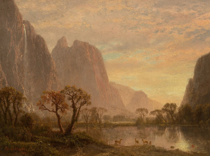 Sentinel Falls og Cathedral Peaks i Yosemite-dalen - Albert Bierstadt