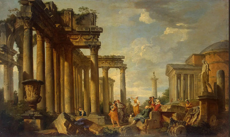 Prædiken af Sankt Sibylle i de romerske ruiner med Apollons statue - Giovanni Paolo Panini
