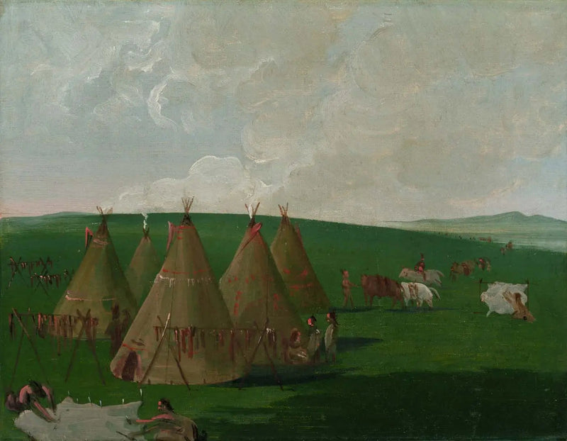 Sioux campende på øvre Missouri, forbereder bisonkød og kjoler - George Catlin