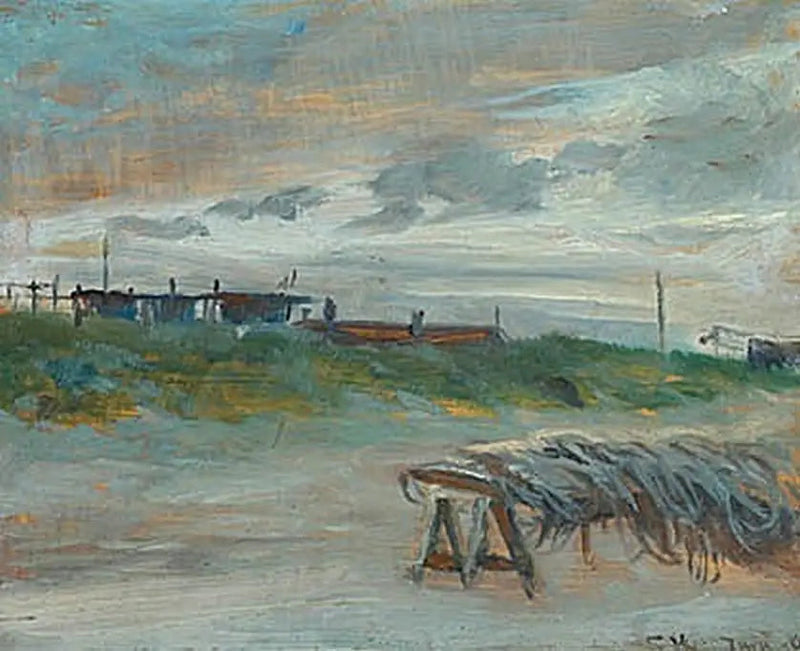 Skagen Sønderstrand ved en juniaften, overskyet vejr. Fiskernet foran. - Peder Severin Krøyer