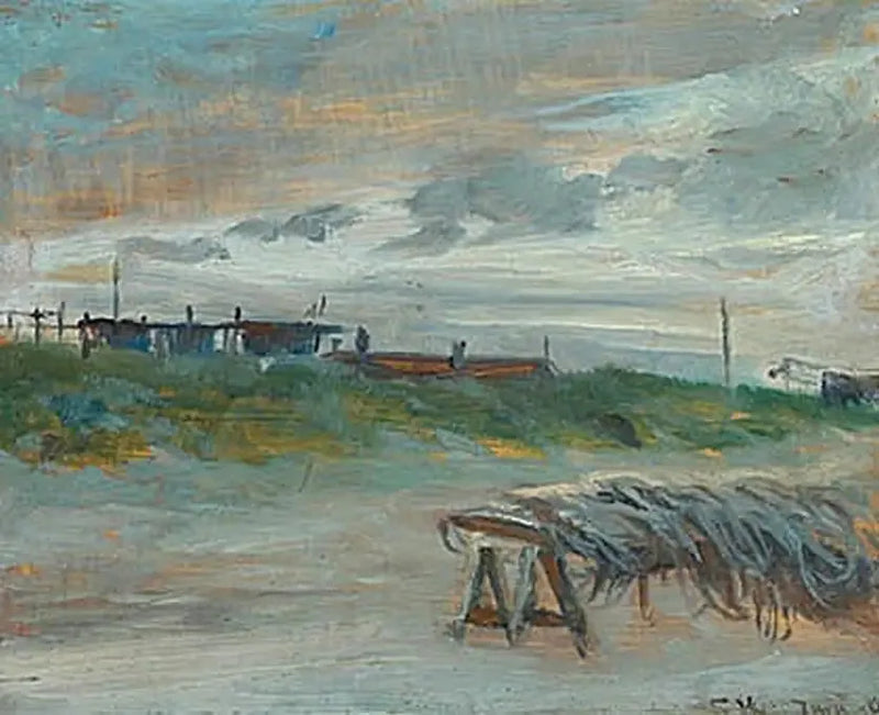 Skagen Sønderstrand ved en juniaften, overskyet vejr. Fiskernet foran. - Peder Severin Krøyer