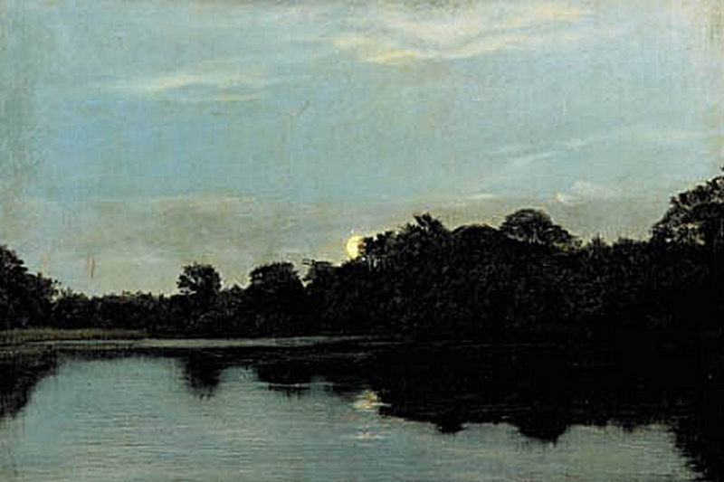 Aften ved en sø under måneskin. - Carl Heinrich Bloch