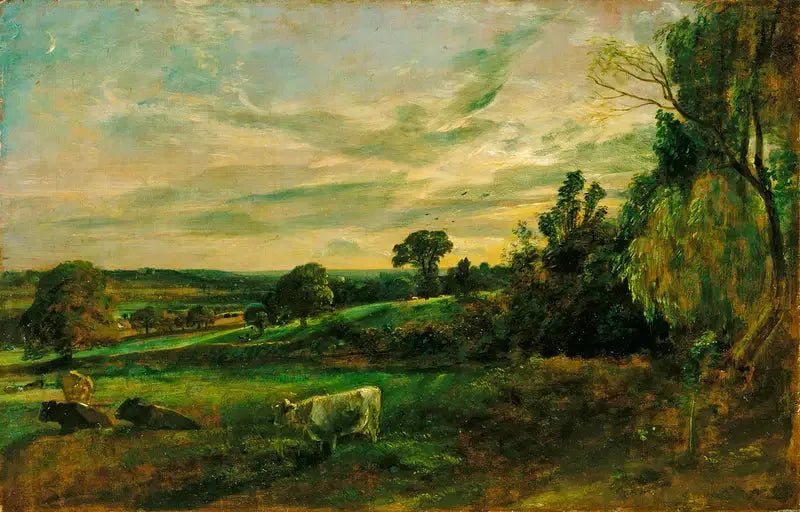 Sommeraften: udsigt nær East Bergholt, der viser Langham kirke, Stratford kirke og Stoke-by-Nayland kirke - John Constable