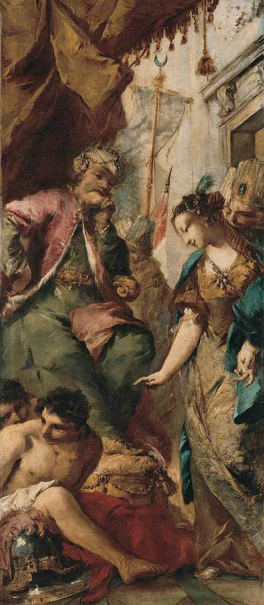 Sophronie beder den sarrakiske konge Aladine om at frigive de kristne fanger - Francesco Guardi