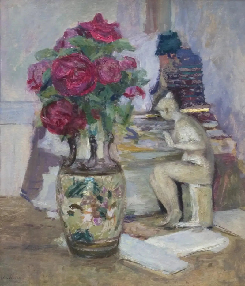 Statuette de Maillol og røde roser - Édouard Vuillard