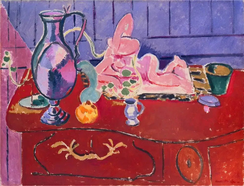 Statuette og krukke med roser på et rødt kommode - Henri Matisse