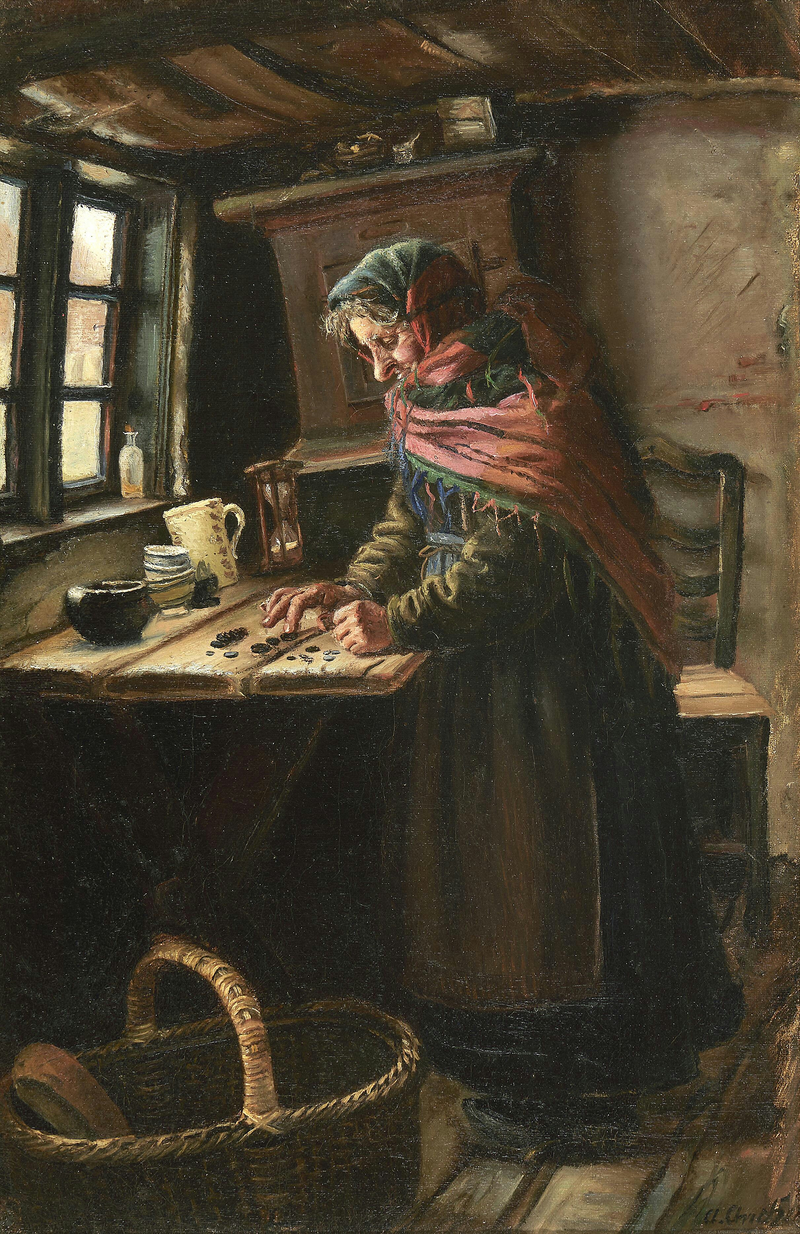 Stine Bollerhus tæller de penge, hun har tjent på at sælge brød. Og hun starter forfra. - Anna Ancher