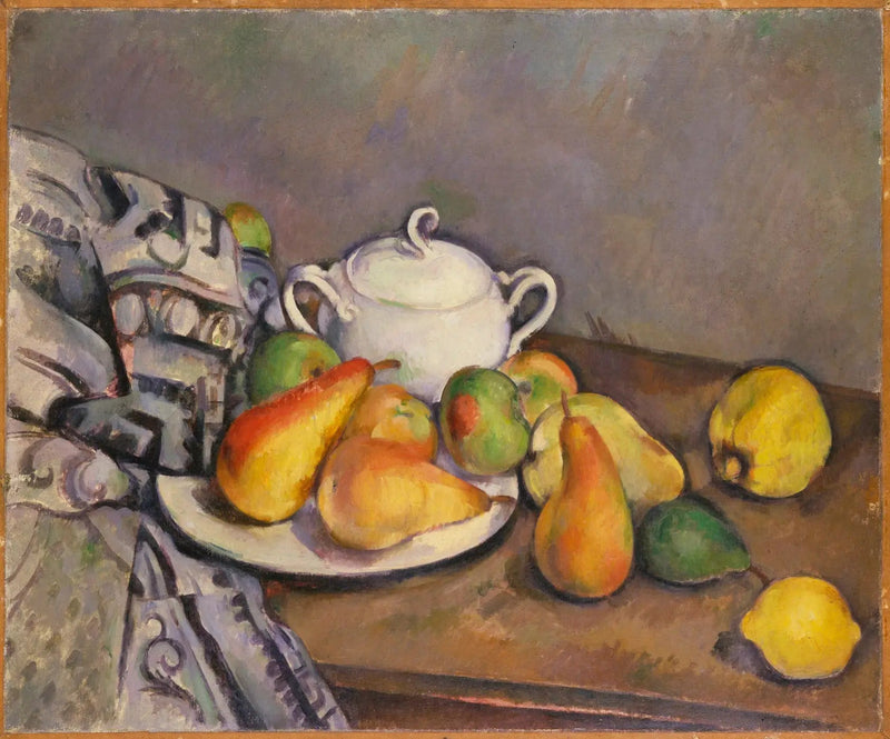 Sukkerskål, pærer og tæppe - Paul Cézanne