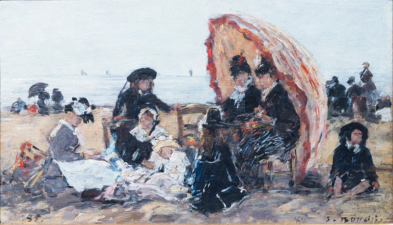 På stranden i Trouville, i ly af den røde parasol - Eugène Boudin