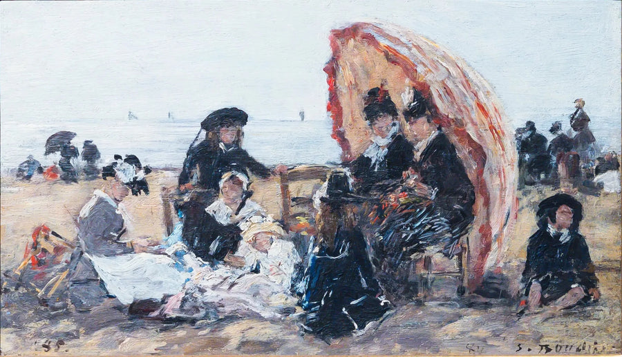 På stranden i Trouville, i ly af den røde parasol - Eugène Boudin