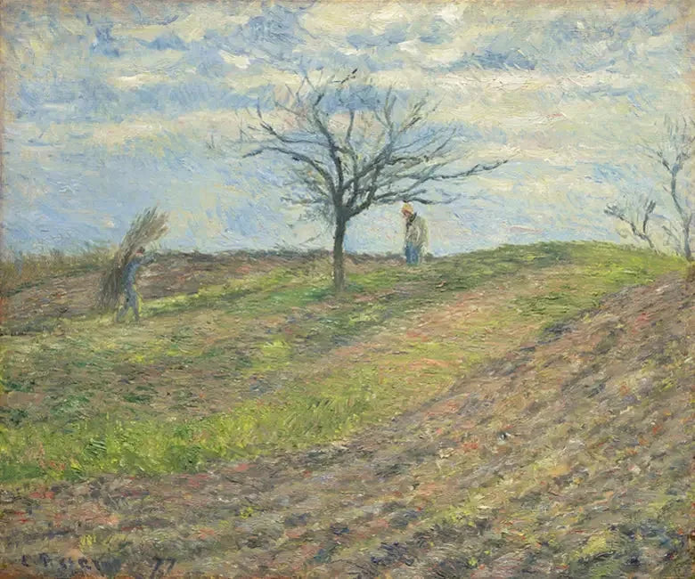Bearbejdet jord om vinteren, med en mand iført en pedel - Camille Pissarro