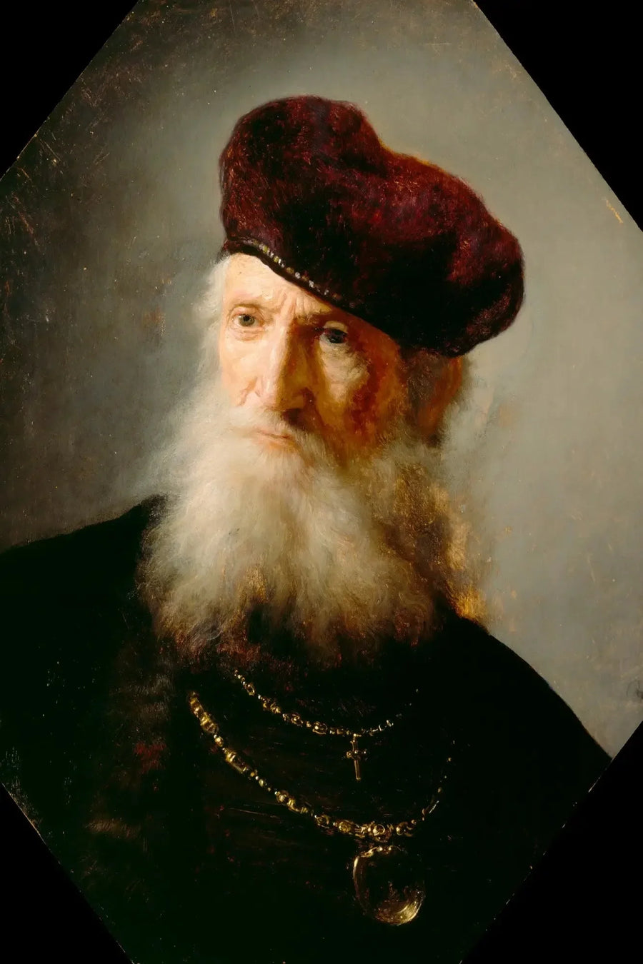 Hovedet af en gammel skægget mand iført en høj baret - Rembrandt