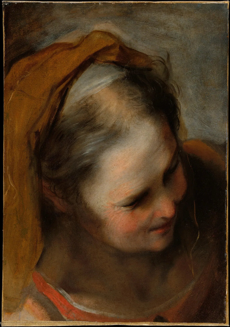 Hoved af en gammel kvinde, der ser nedad til højre (Sankt Elisabeth) - Federico Barroci