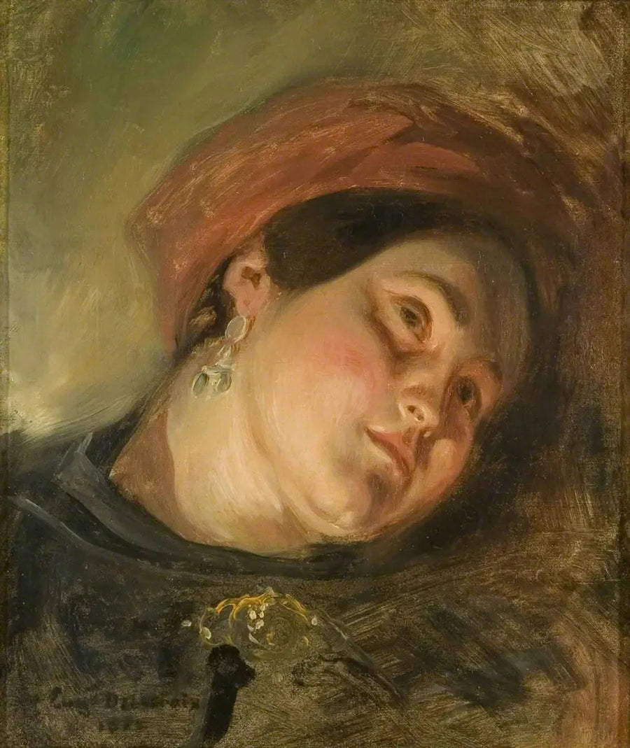 Kvindeansigt med rød turban - Eugène Delacroix