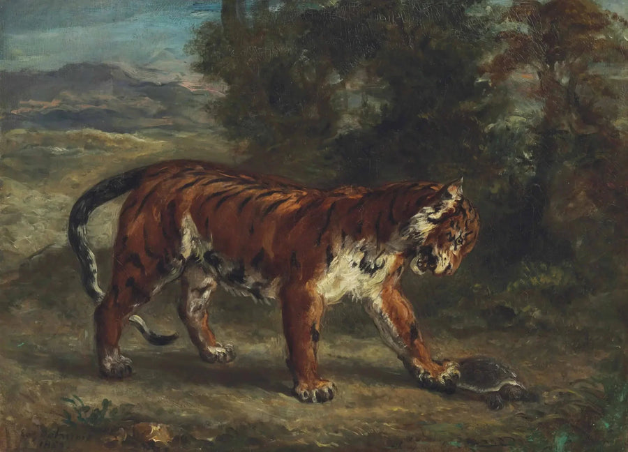Tiger der leger med en skildpadde - Eugène Delacroix