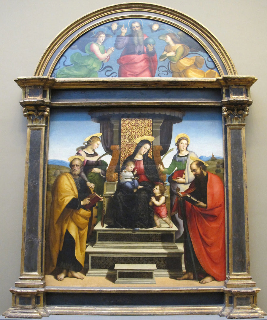 Jomfruen og barnet siddende med helgener - Raphael Sanzio