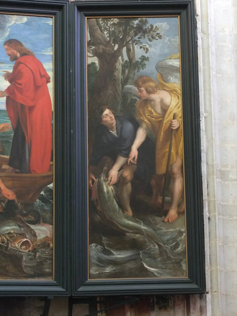 Tobie fanger fisken og trækker den op på jorden efter ordre fra englen (Tobie 6:1-10), 1618-19 - Peter Paul Rubens