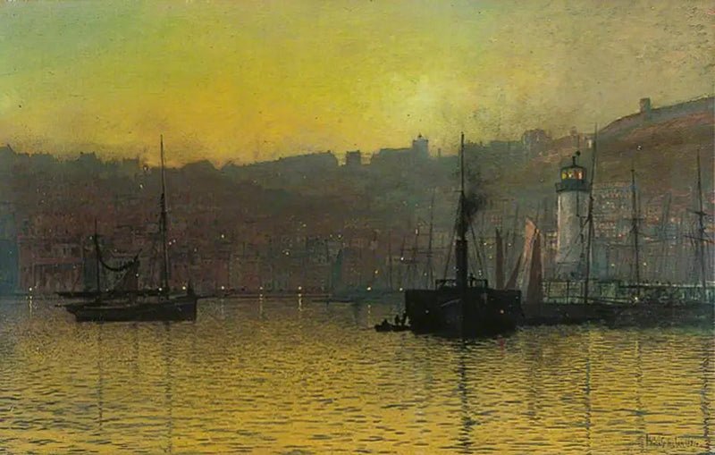 Aftendæmring i havnen i Scarborough, North Yorkshire - John Atkinson Grimshaw