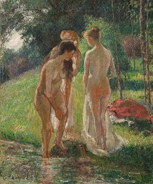Tre Badende, der kommer ud af badet - Camille Pissarro