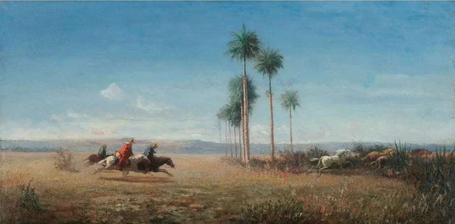 Tre ryttere og heste galopperende i en slette (Venezuela) - Camille Pissarro