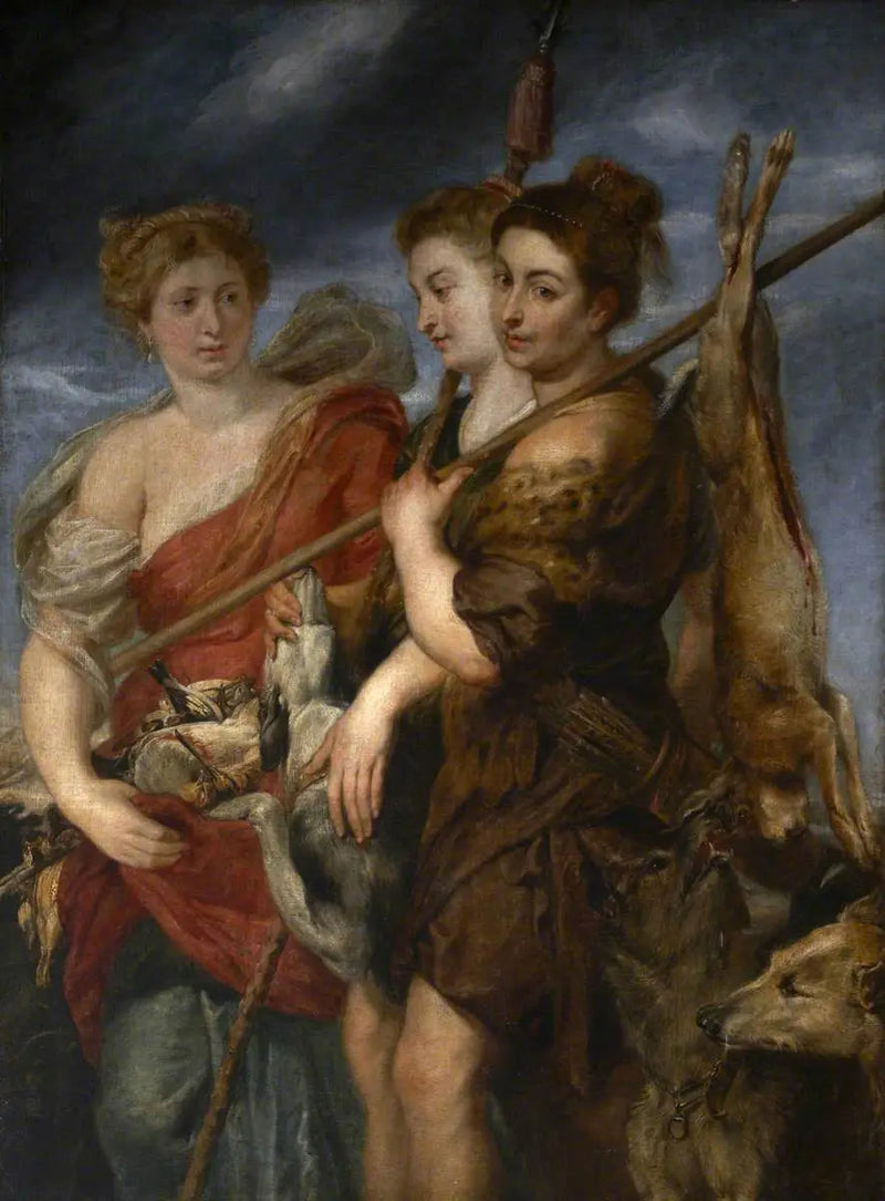 Tre jægerinder, der vender tilbage fra jagt - Peter Paul Rubens