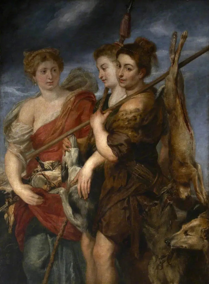 Tre jægerinder, der vender tilbage fra jagt - Peter Paul Rubens