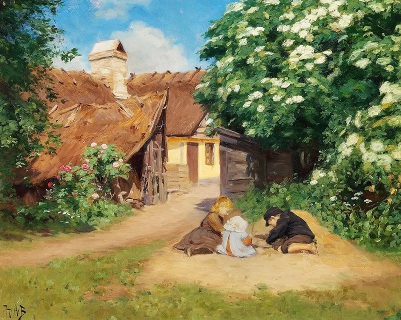 Tre børn leger nær en gård en sommerdag. - H. A. Brendekilde