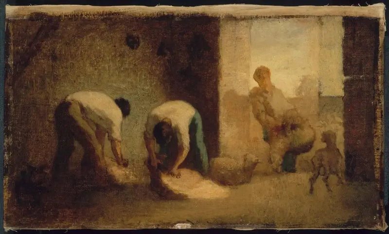 Tre mænd klipper får i en lade - Jean-François Millet