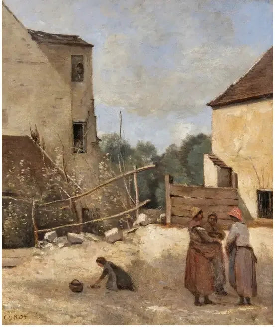 Tre landbrugskvinder, der taler i en rustik gård - Jean-Baptiste Camille Corot