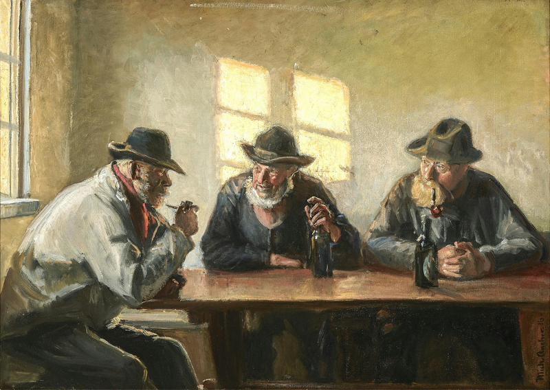 Tre fiskere i butikken ved Bründum. (1916). - Michael Peter Ancher